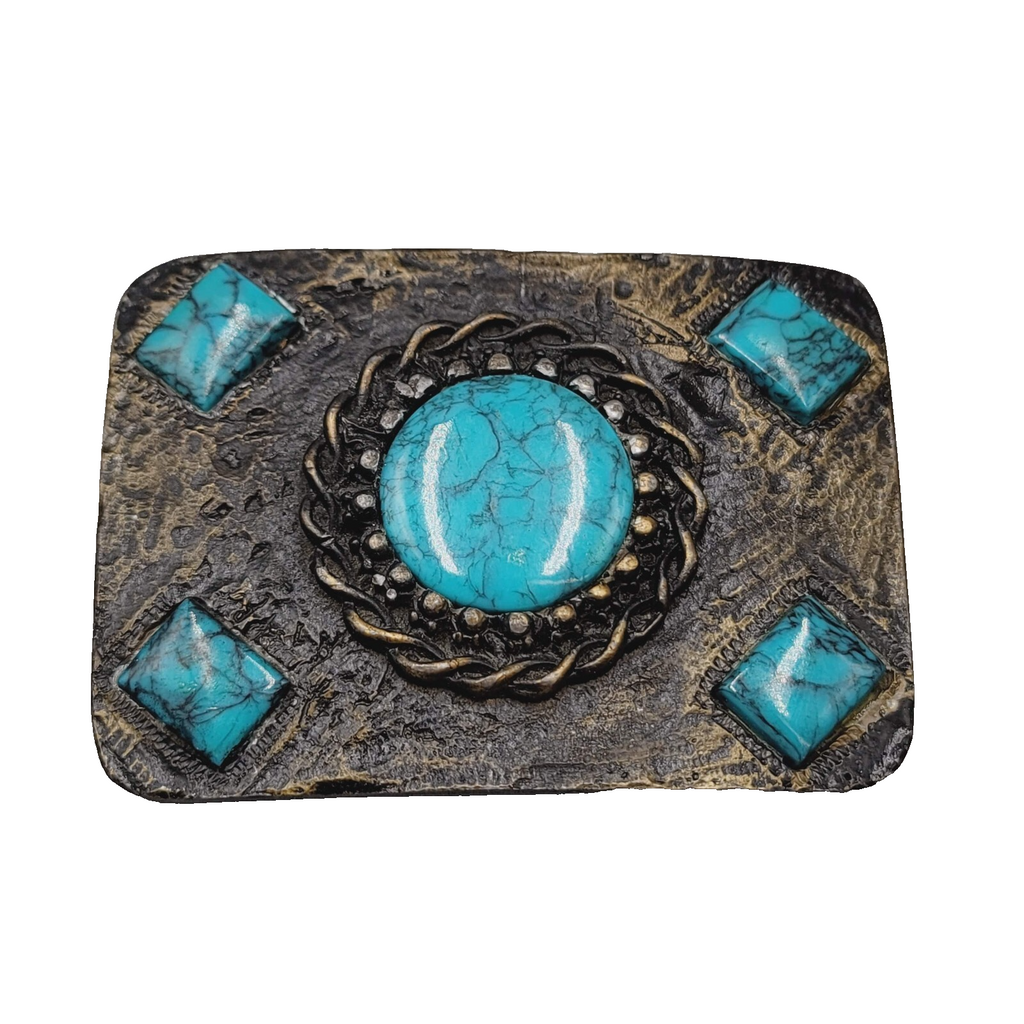 Vintage Belt Buckle Brass Blue Acrylic Accents 3 1/4" x 2 3/8"