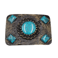 Vintage Belt Buckle Brass Blue Acrylic Accents 3 1/4" x 2 3/8"