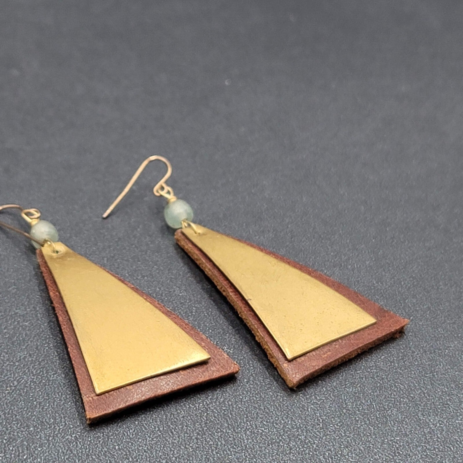 Vintage Artisan Pierced Earrings Leather And Brass Triangle Dangle  2.5"
