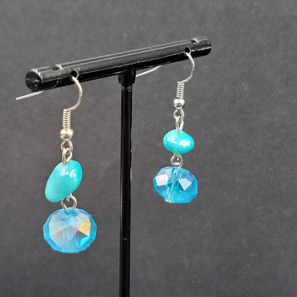 Pierced Earrings Silver tone Turquoise Stone Blue Crystal Bead Dangle 7/8"