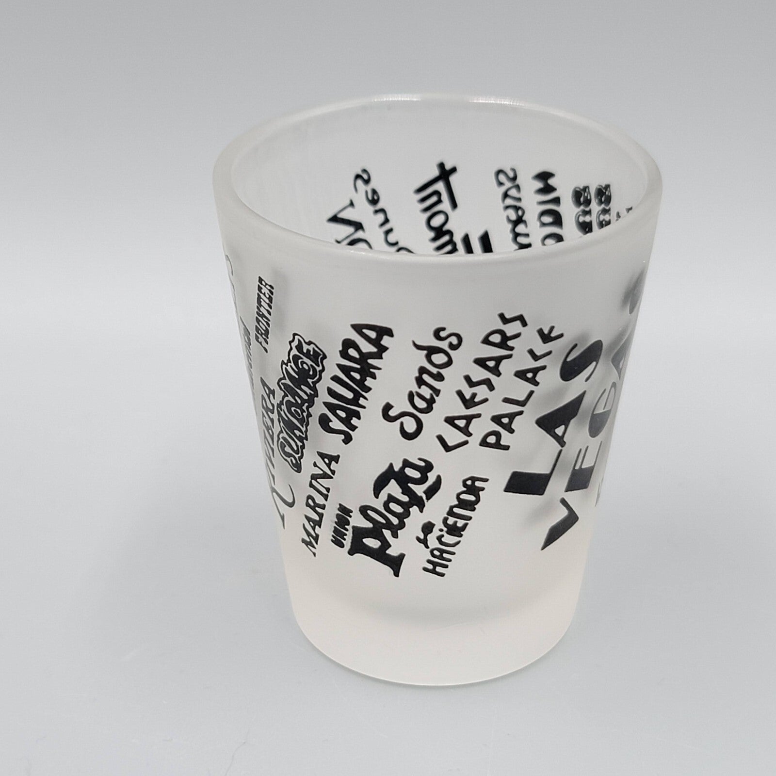 Vintage Las Vegas Casino Shot Glass Black Letters Frosted Glass Souvenir
