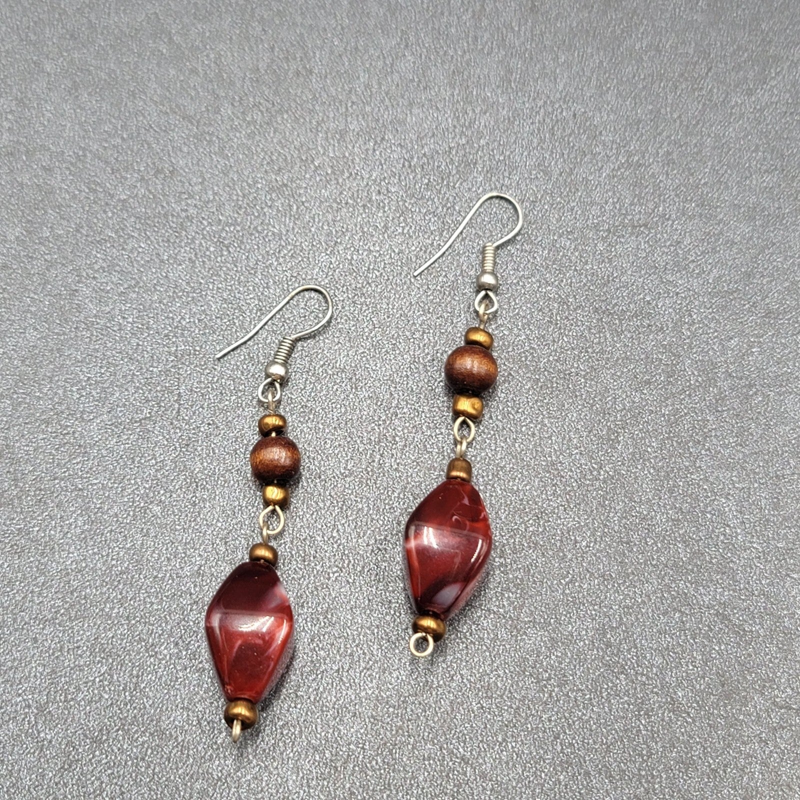 Pierced Earrings Wood Bead Red Swirl Acrylic Bead Dangle  1.75"