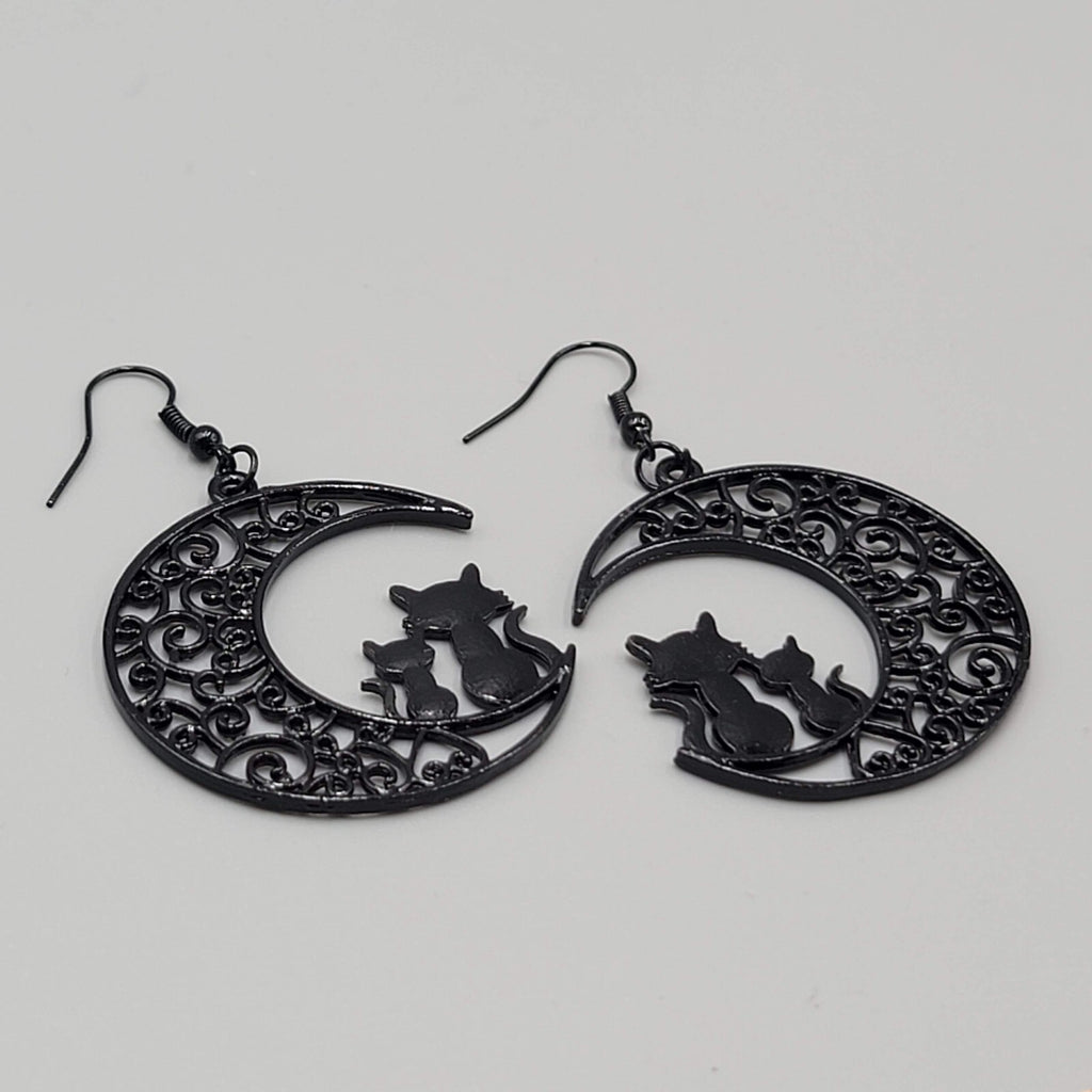Cat Pierced Earrings Moon Black Enamel Silhouette Dangle 1 5/8"