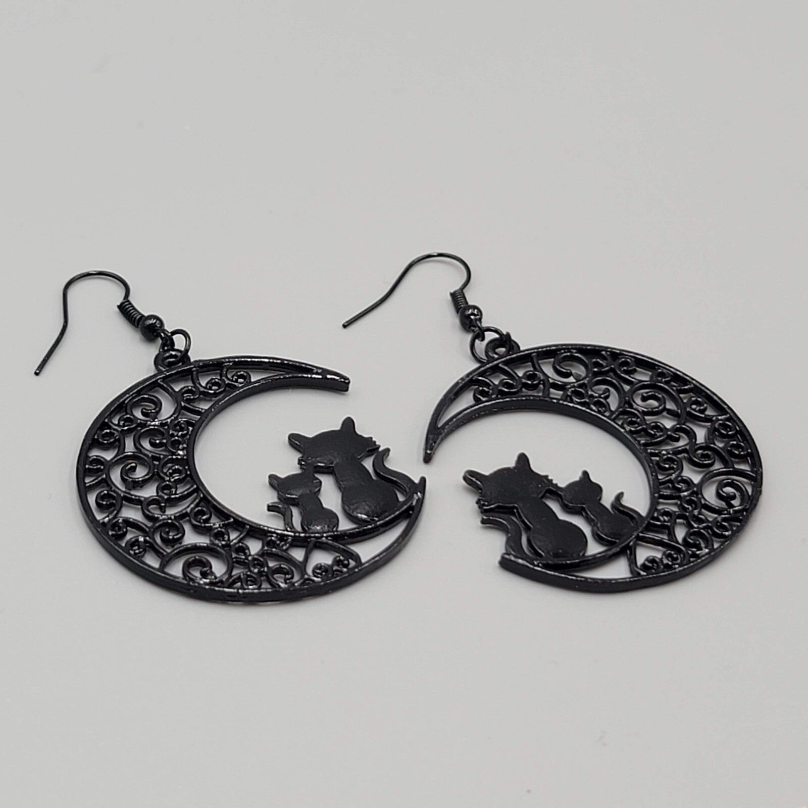 Cat Pierced Earrings Moon Black Enamel Silhouette Dangle 1 5/8"