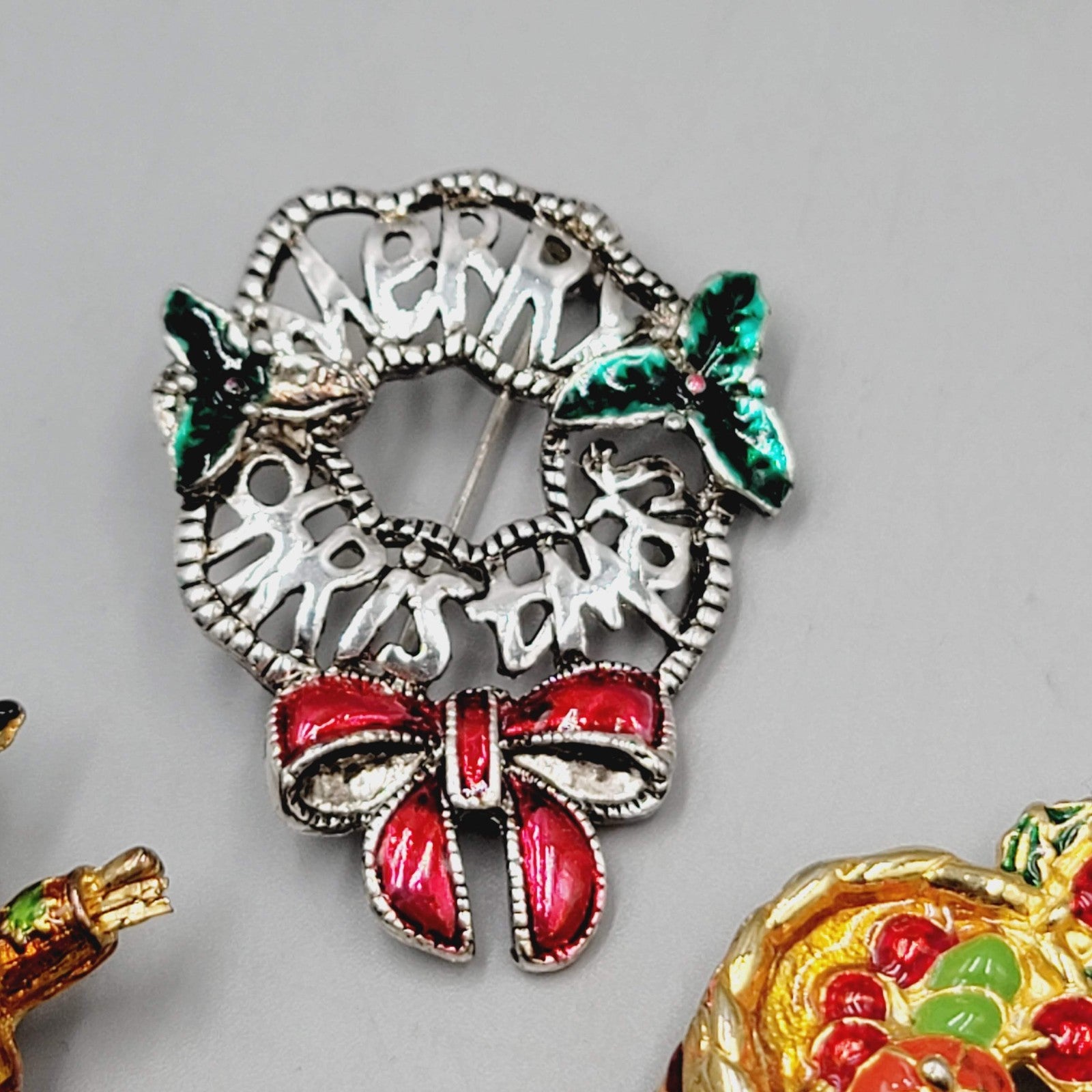 Vintage Holiday Brooch Gold tone Cornucopia Merry Christmas Scarecrow Lot of 3