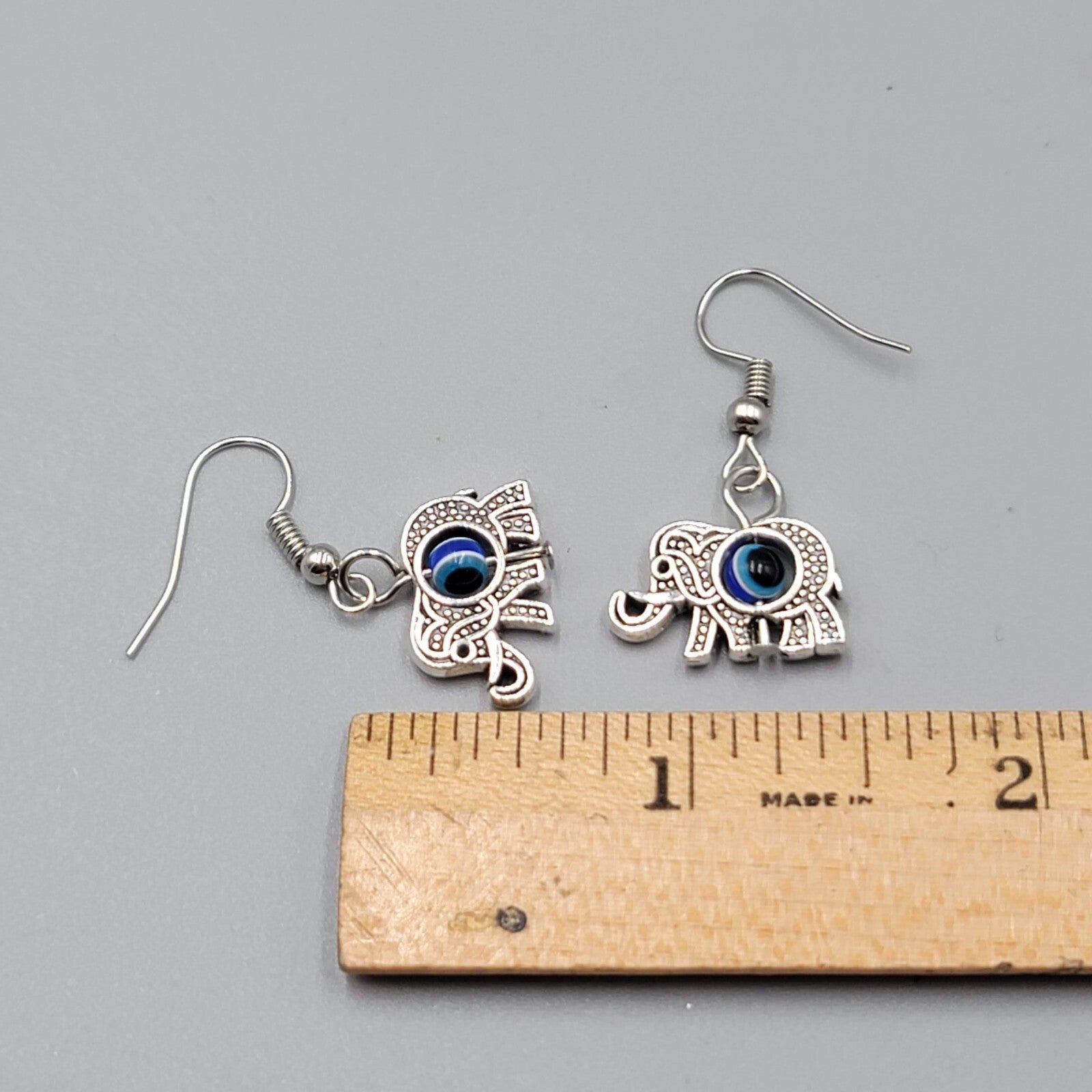 Elephant Evil Eye Pierced Earrings Silver tone Blue Bead Dangle 5/8"