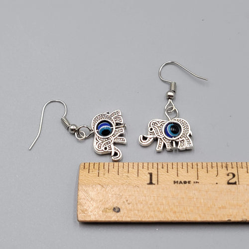 Elephant Evil Eye Pierced Earrings Silver tone Blue Bead Dangle 5/8"