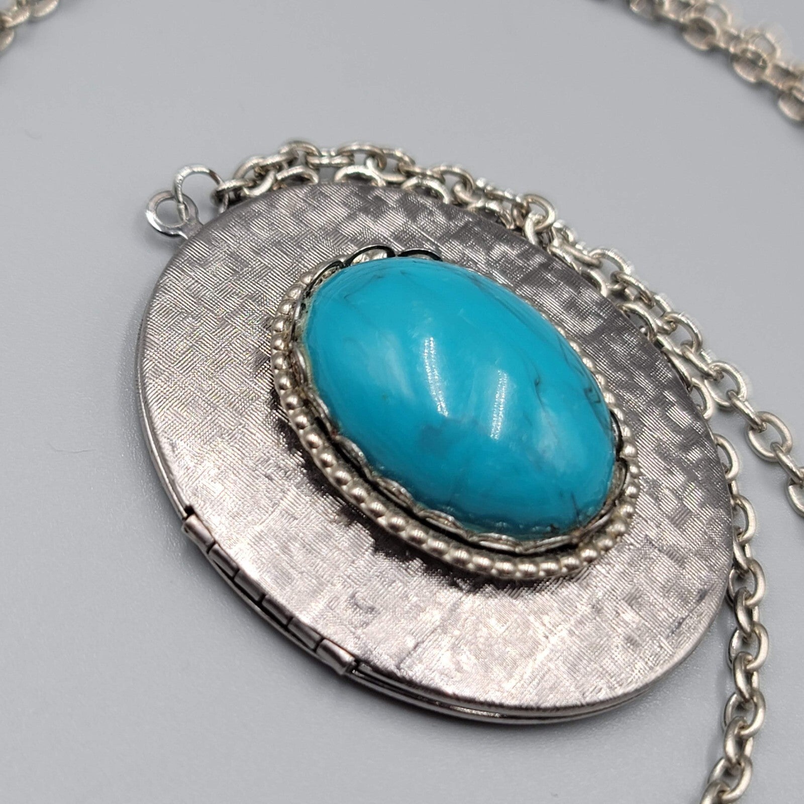 Vintage Large Locket Pendant Necklace Blue Acrylic Cabochon 26"
