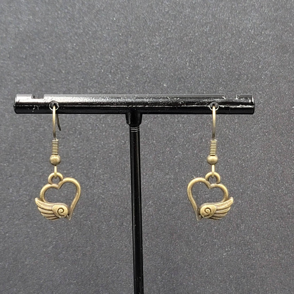 Pierced Earrings Bronze tone Open Winged Heart Dainty Dangle 1/2"