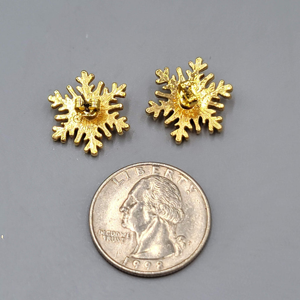 Snowflake Pierced Earrings Gold tone AB Crystal Studs 5/8"