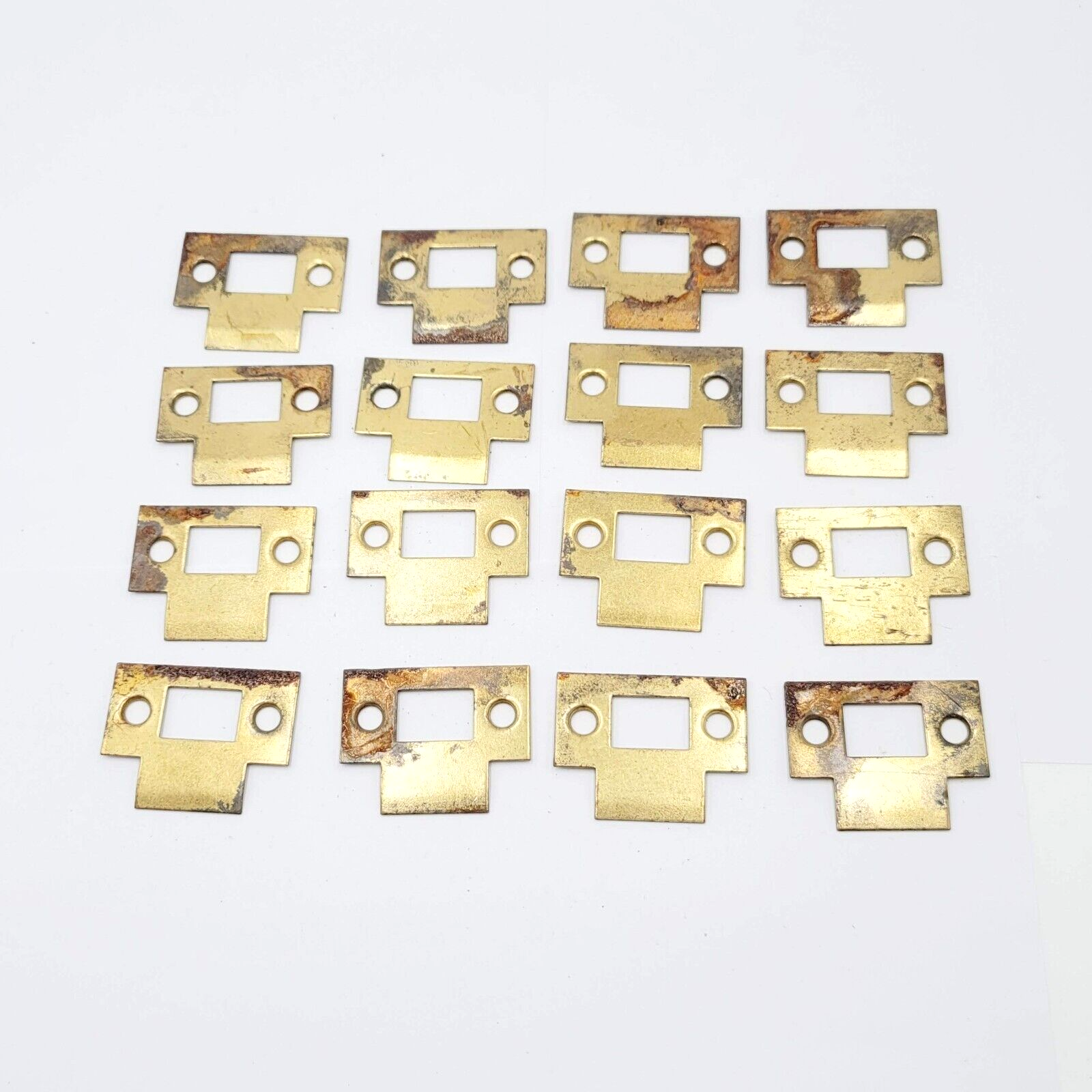 Lot of 16 Vintage Door Lock Strike Plate Gold color Steel Reclaim Salvage 2"x1"