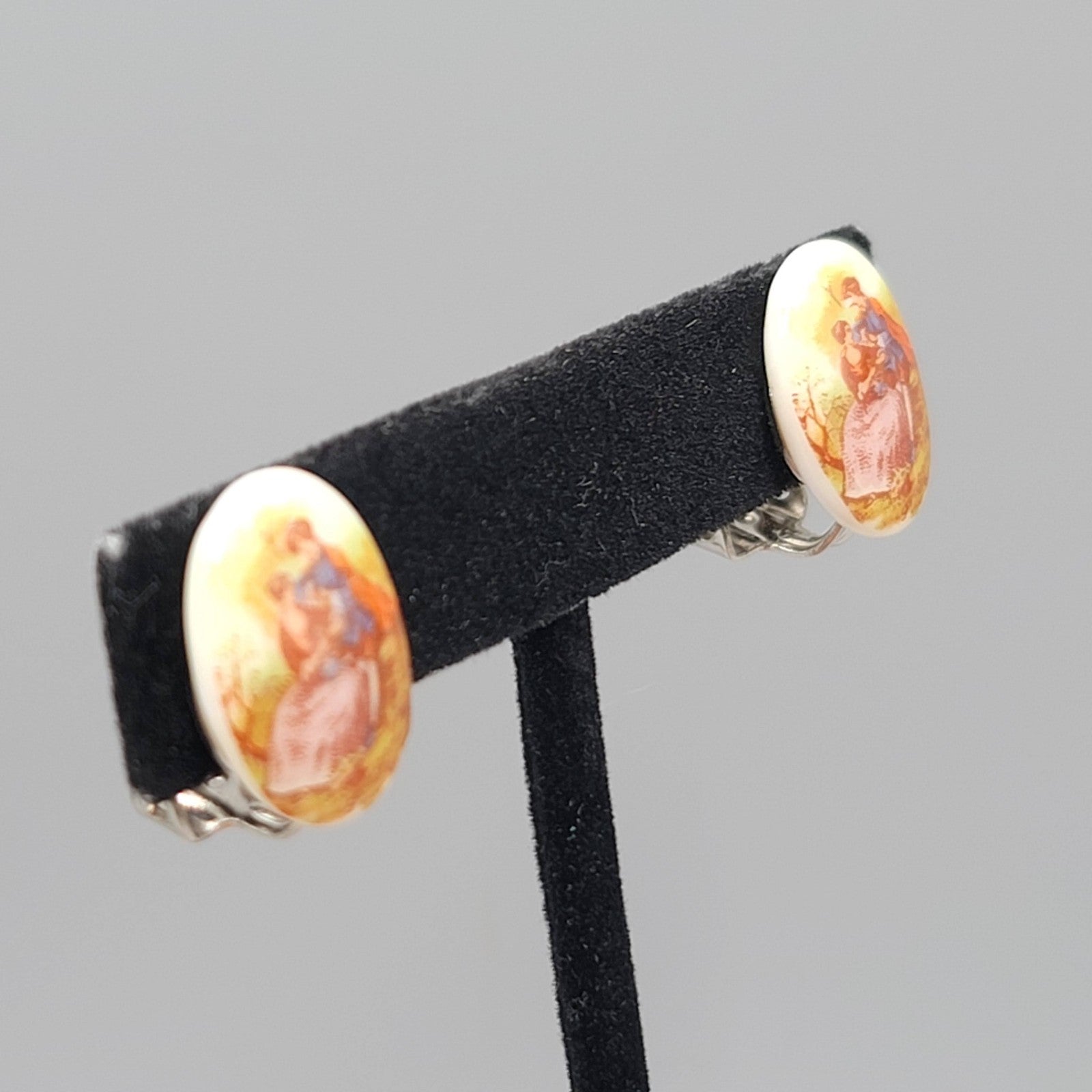 Vintage Victorian Scene Clip on Earrings Porcelain Oval Studs 3/4"