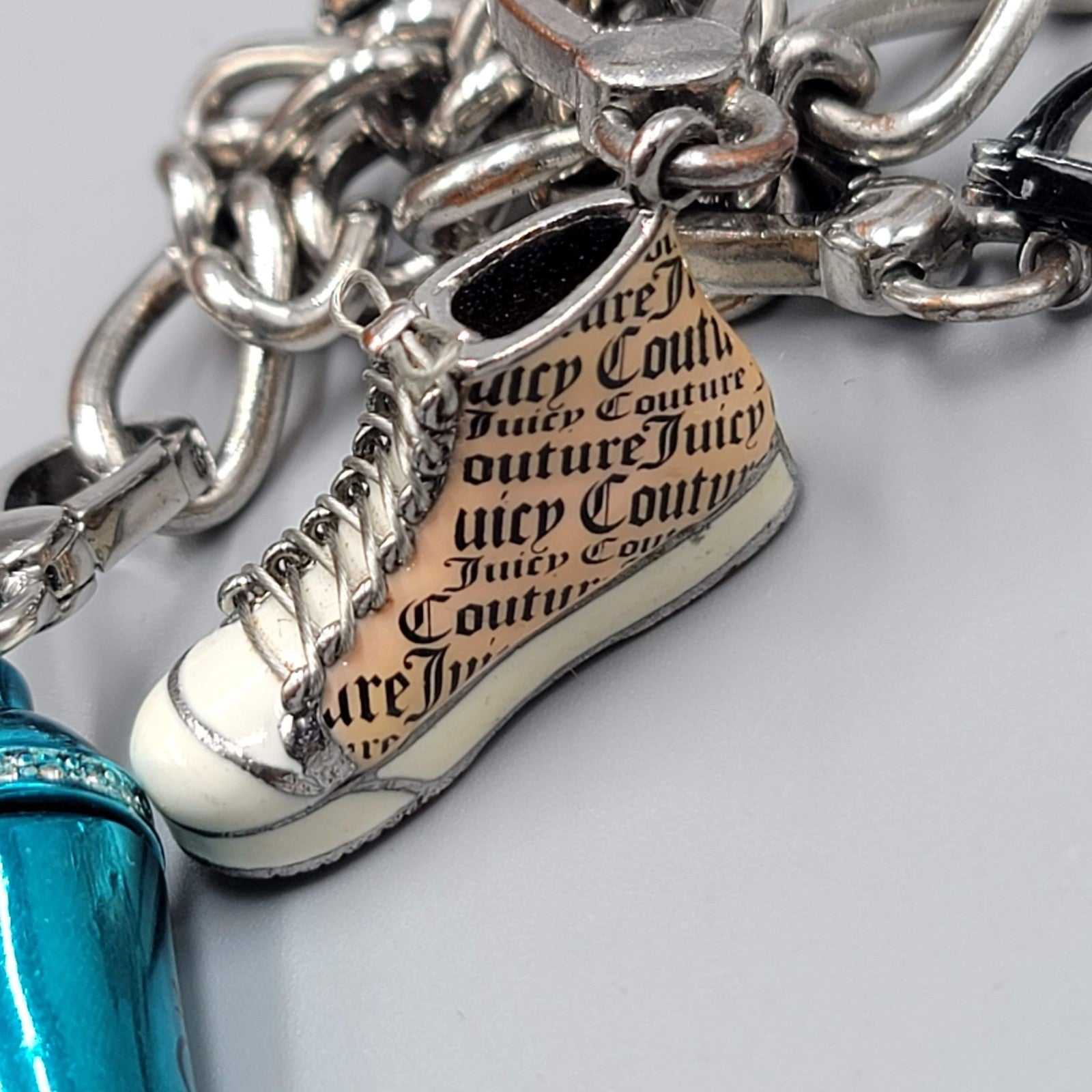 Juicy Couture Charm Bracelet Silver Tone Heart Lock Sneaker Glasses Cocktail 6"
