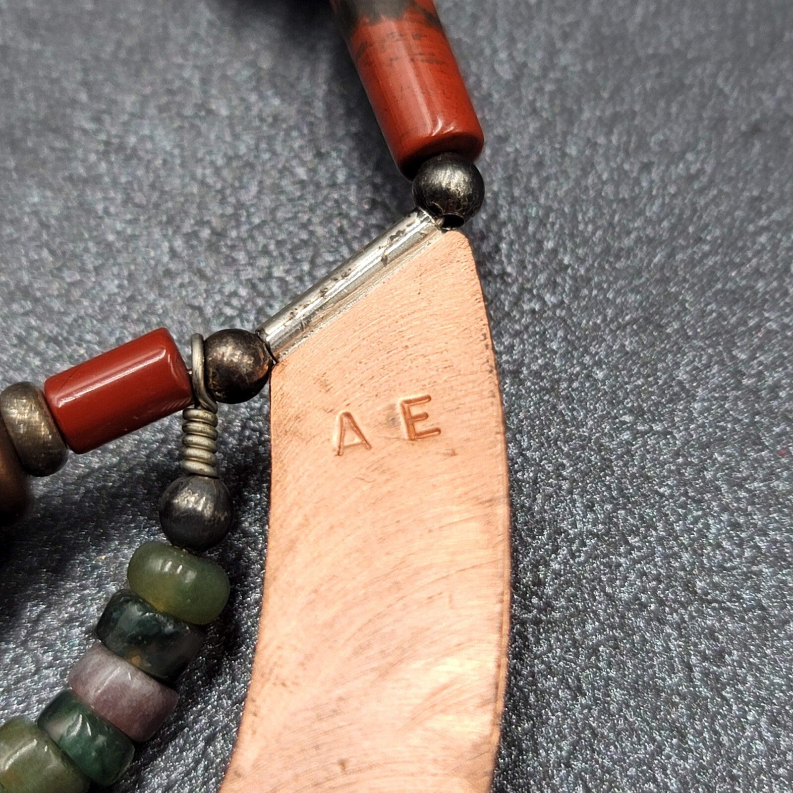 Artisan Necklace Handmade Gemstone Beaded Copper Pendant 20.5" Signed AE