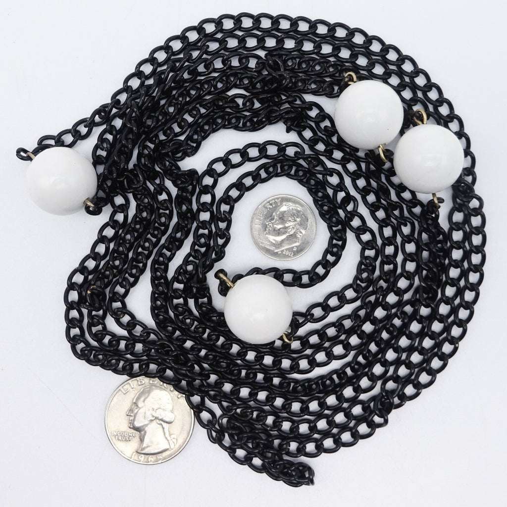 Vintage Black Chain & White Bead LONG Necklace Estate Costume Jewelry 88"