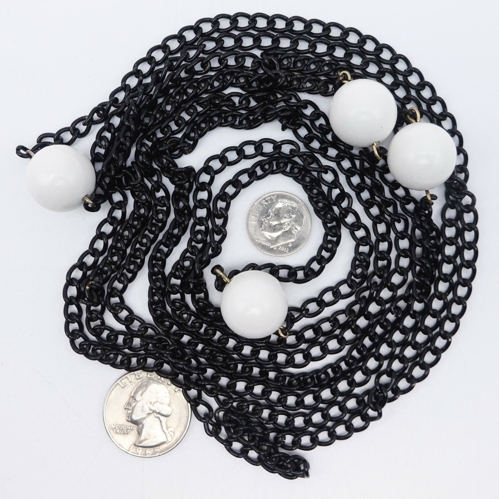 Vintage Black Chain & White Bead LONG Necklace Estate Costume Jewelry 88"