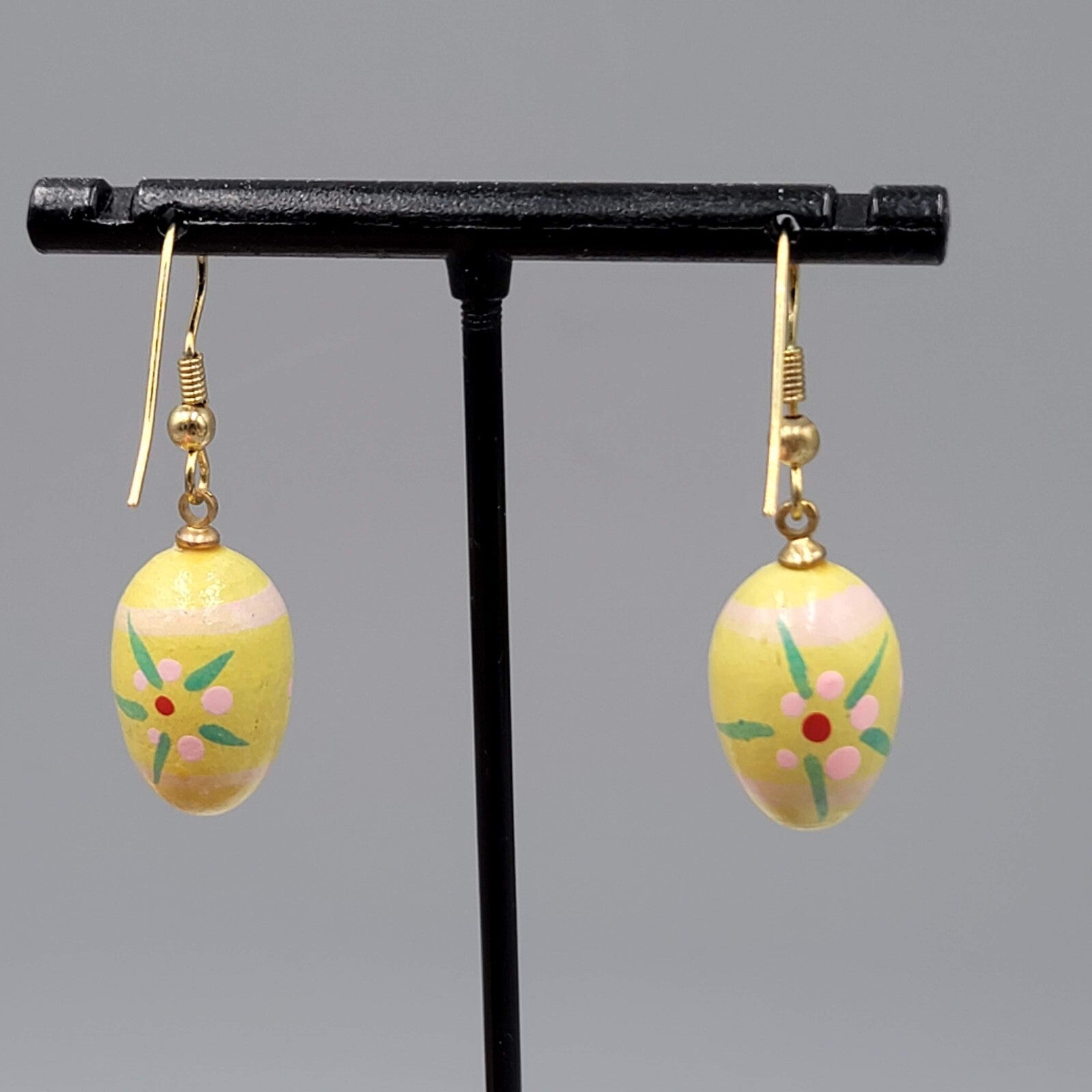 Vintage Yellow Easter Egg Pierced Earrings Hand Painted Wood Dangle 7/8"