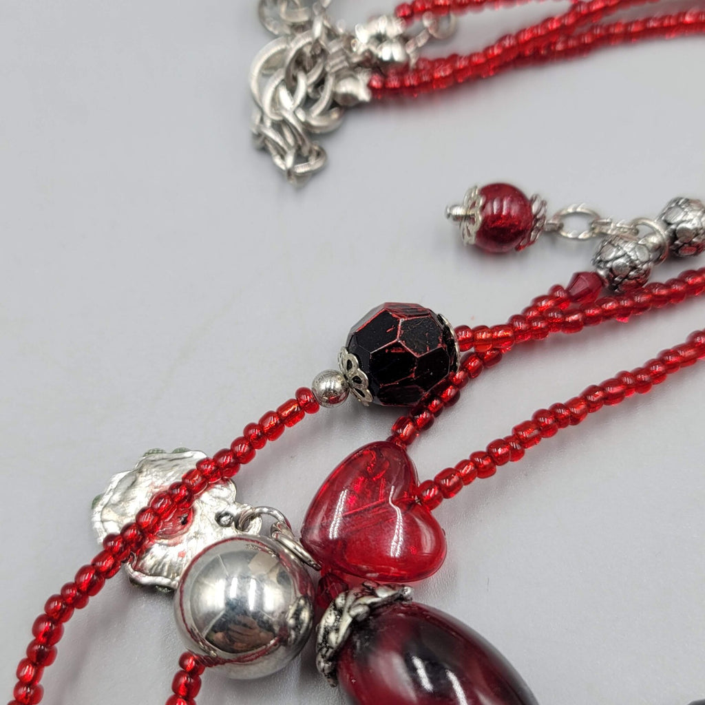 Red Bead Triple Layer Necklace Silver tone Statement Flower Pendant 20"+