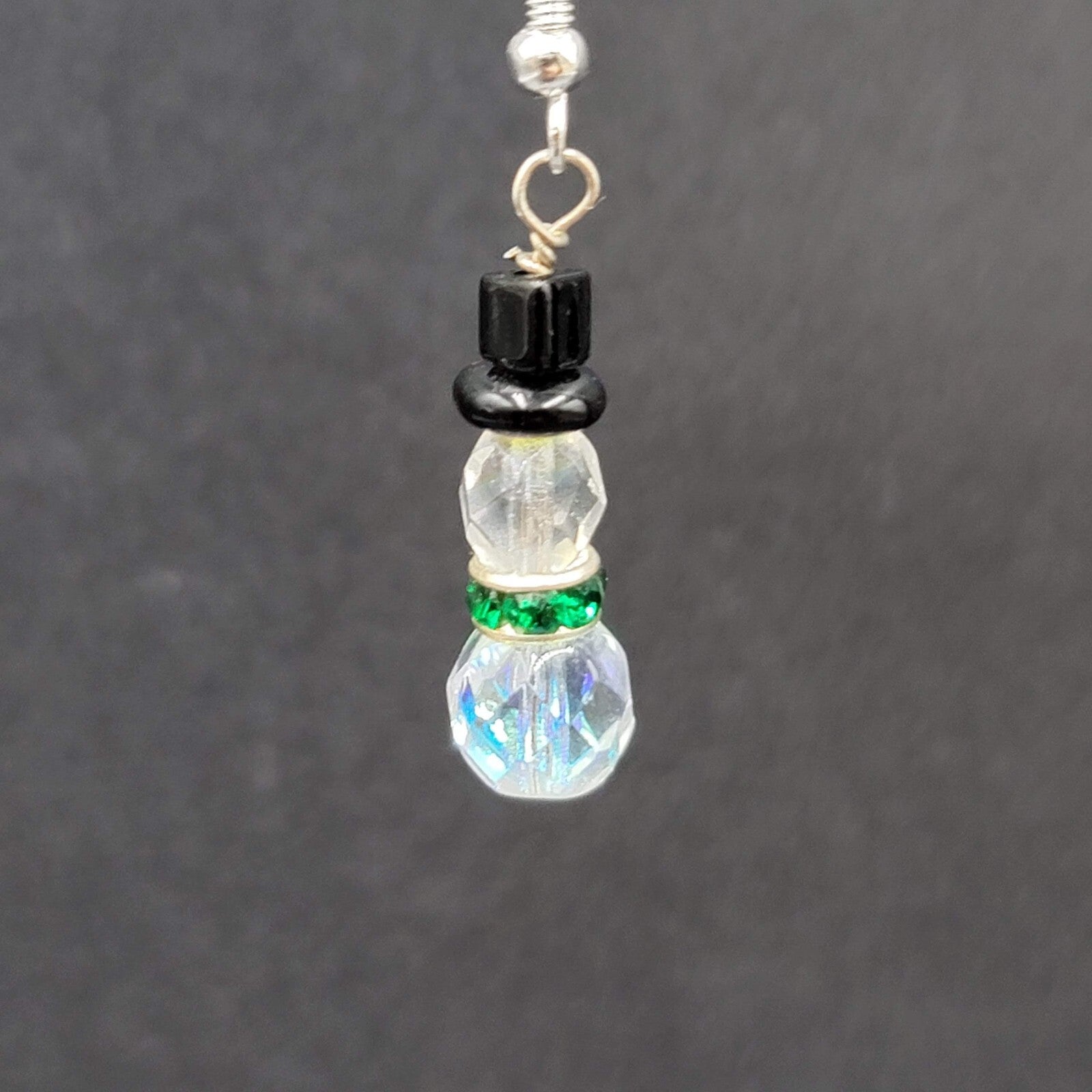 Sterling Silver Pierced Earrings Crystal Bead Snowman Dangle  1"