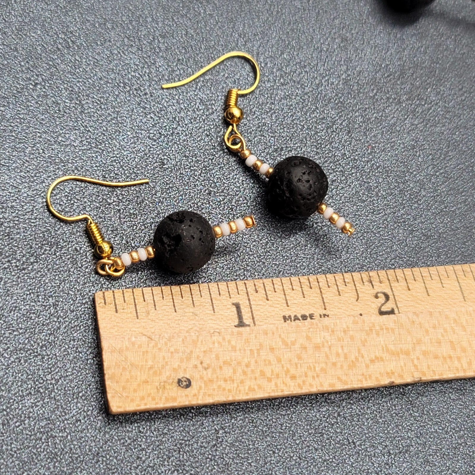 Beaded Necklace Bracelet Earrings Set Gold tone White Black Lava Bead Set