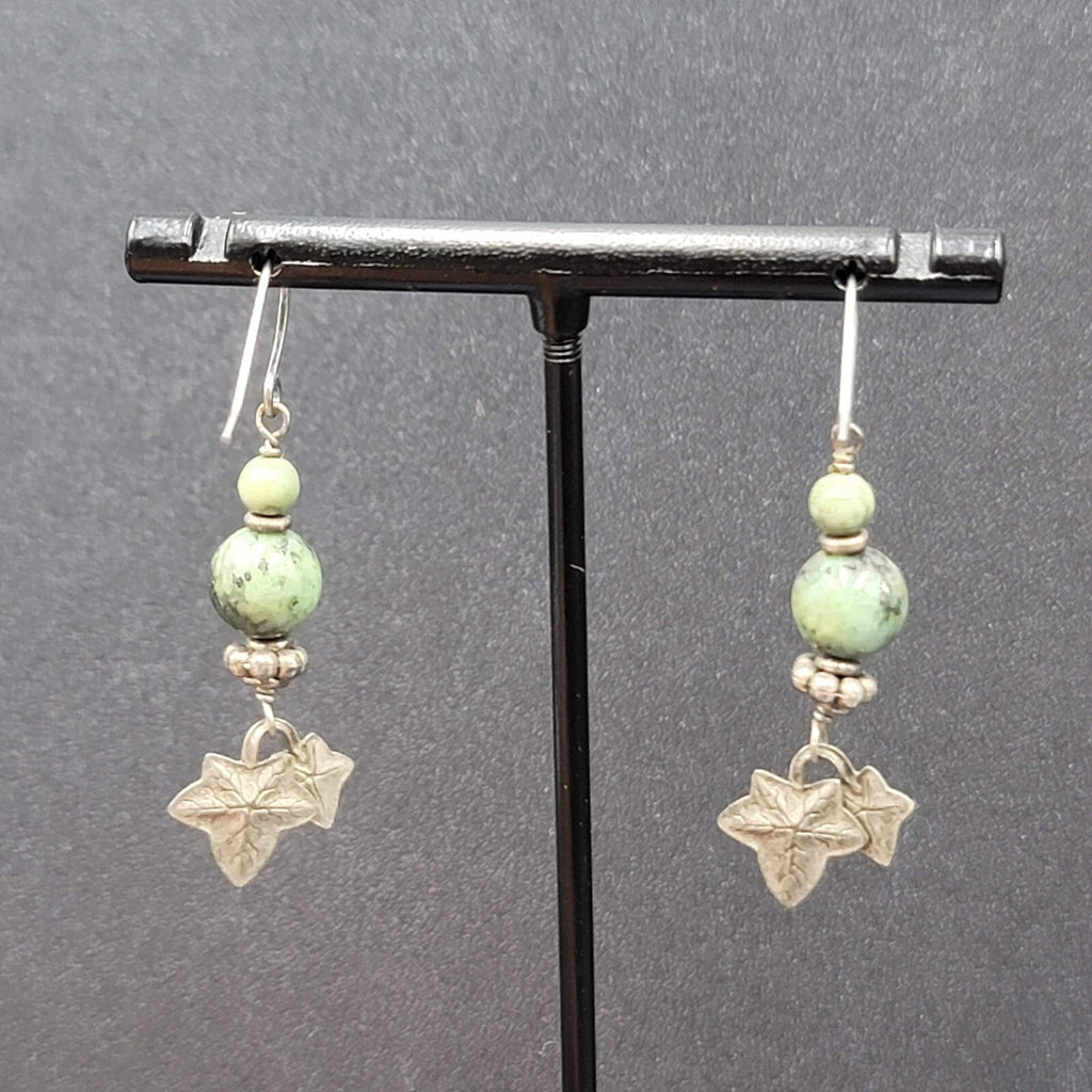 Pierced Earrings Silver tone Green Stone Dangle Leaves 1 3/8"