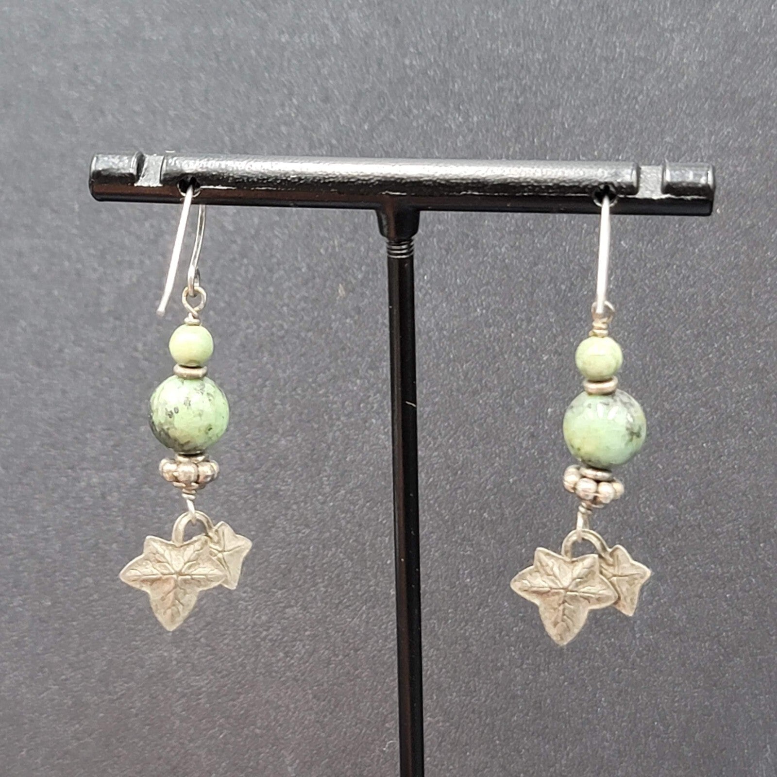 Pierced Earrings Silver tone Green Stone Dangle Leaves 1 3/8"