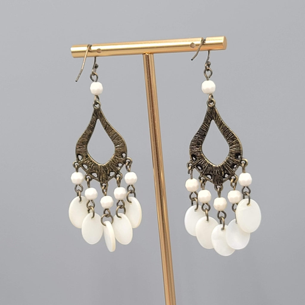 Chandelier Mother of Pearl Pierced Earrings Bronze tone Dangle 2.75 in