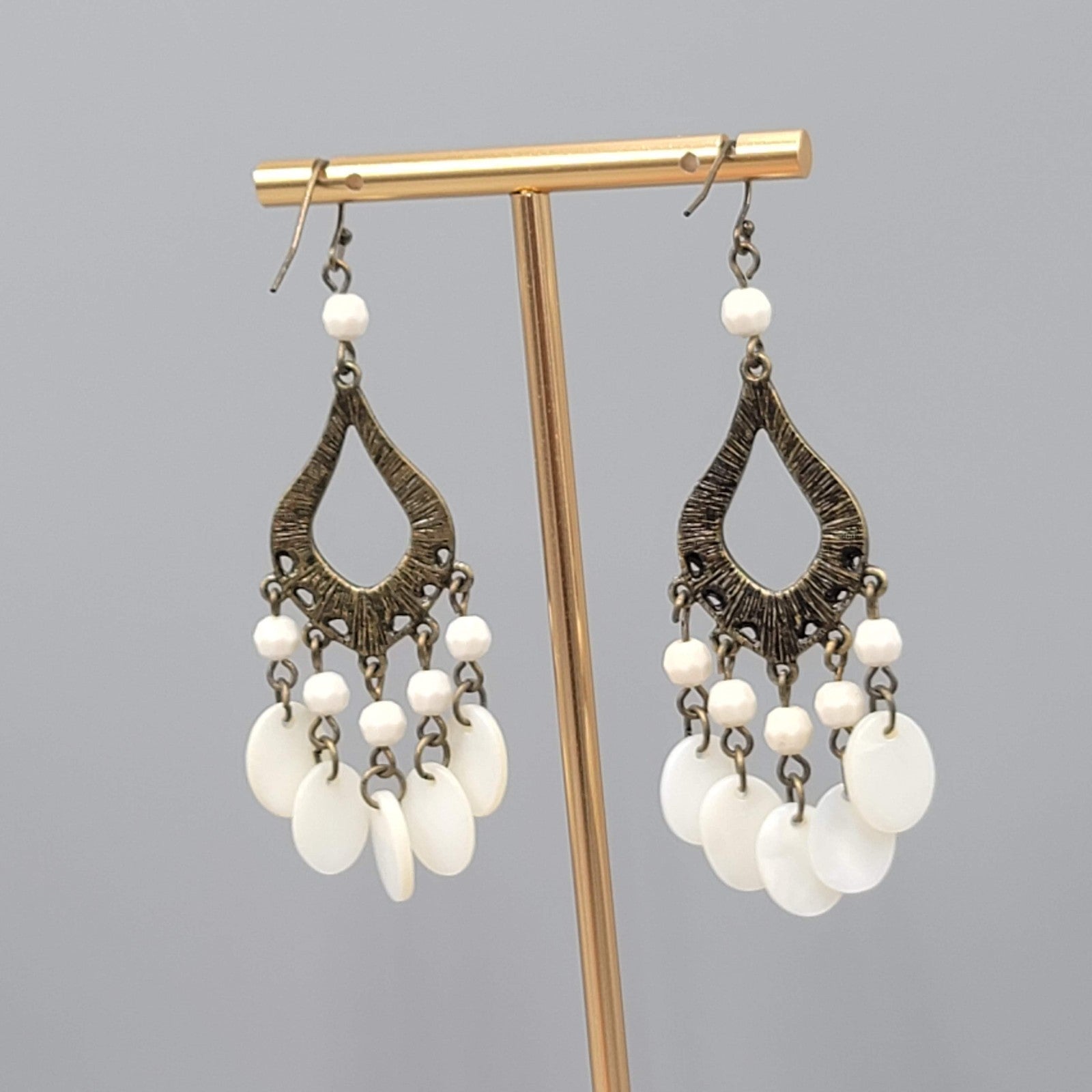 Chandelier Mother of Pearl Pierced Earrings Bronze tone Dangle 2.75 in