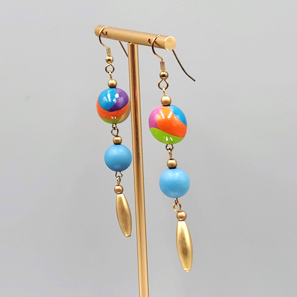 Long Pierced Earrings Hand Painted Bead Gold tone Dangle 2.75"