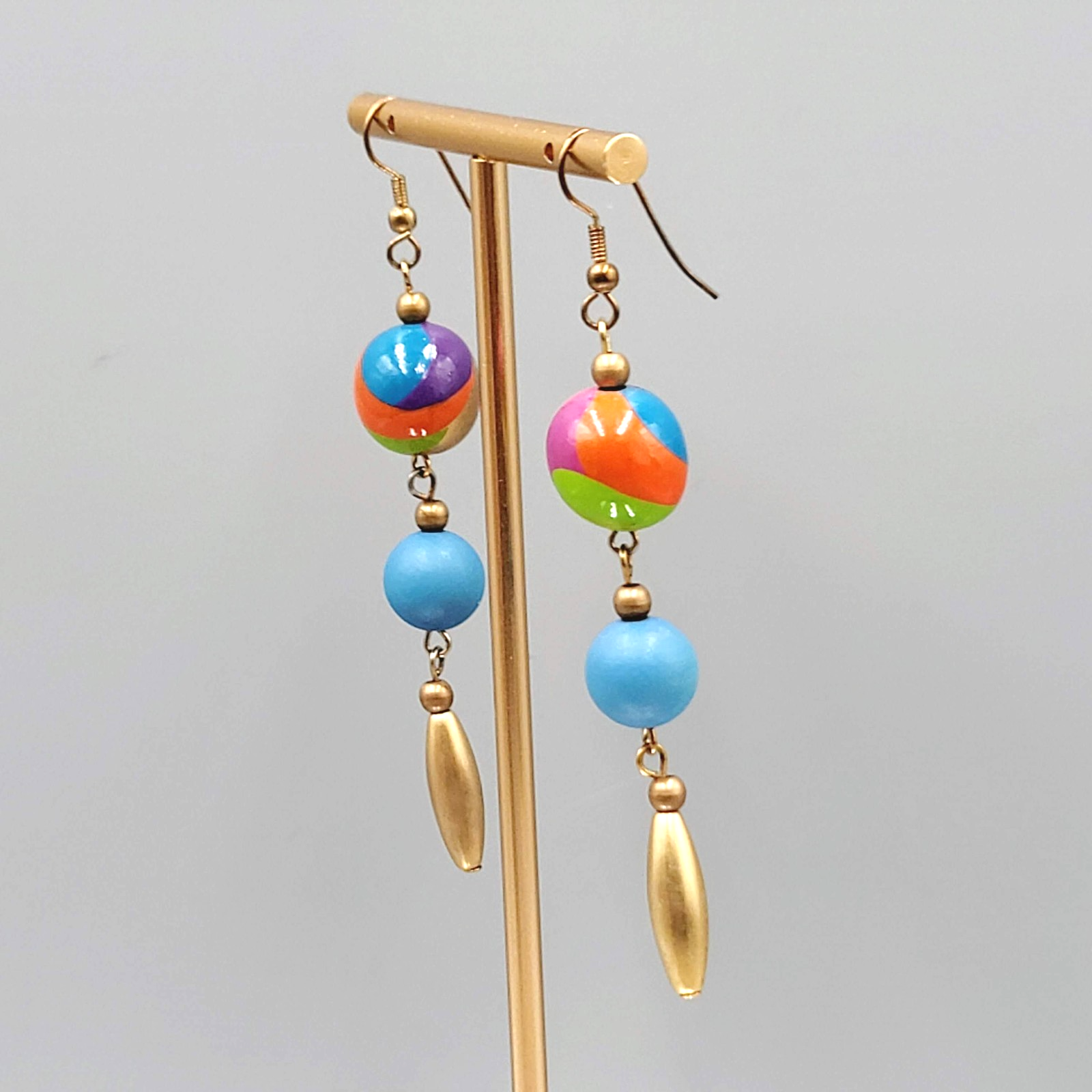 Long Pierced Earrings Hand Painted Bead Gold tone Dangle 2.75"