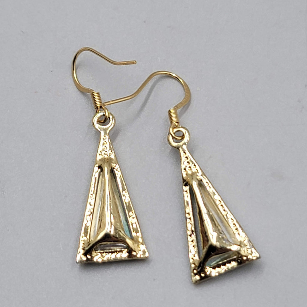Green Rhinestone Triangle Pierced Earrings Gold tone Dangle 7/8"