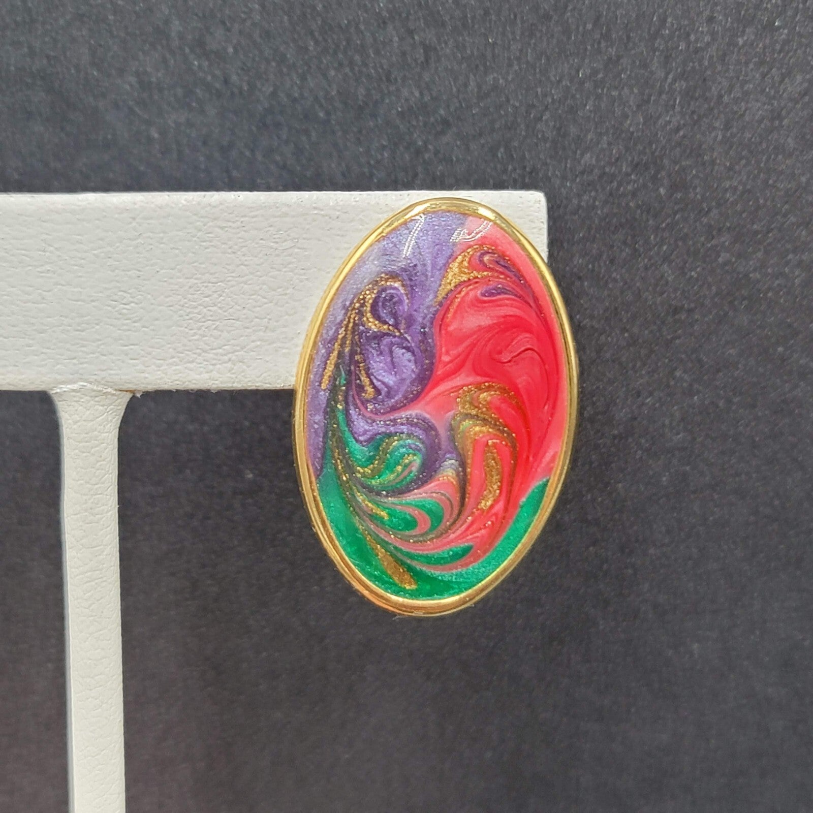 Vintage Pierced Earrings Green Purple Pink Swirl Enamel Oval Drop 1 1/8"