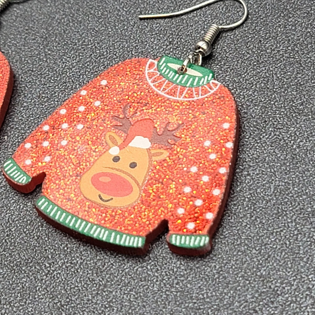 New Pierced Earrings Ugly Christmas Sweater Reindeer Dangle 1.5"