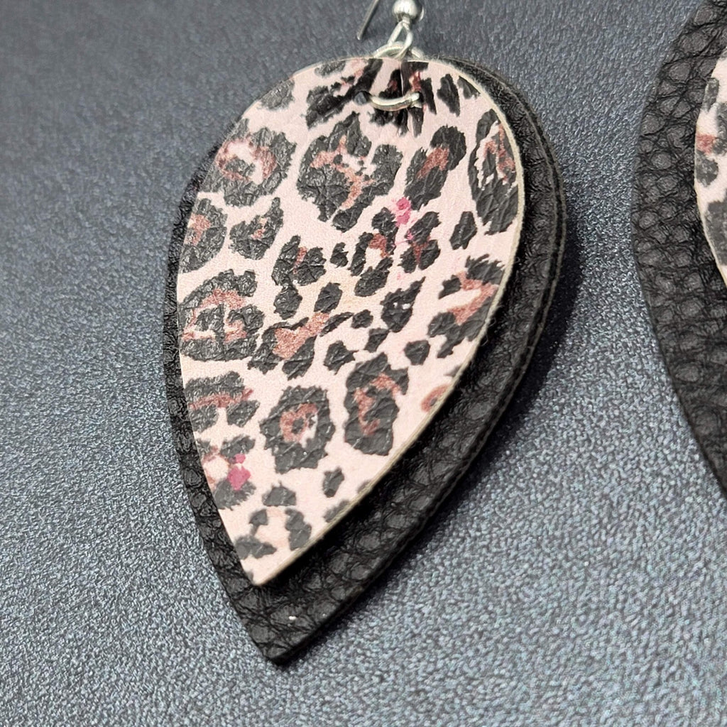 Pierced Earrings Faux Leather Leopard Print Layered Dangle 2.25"