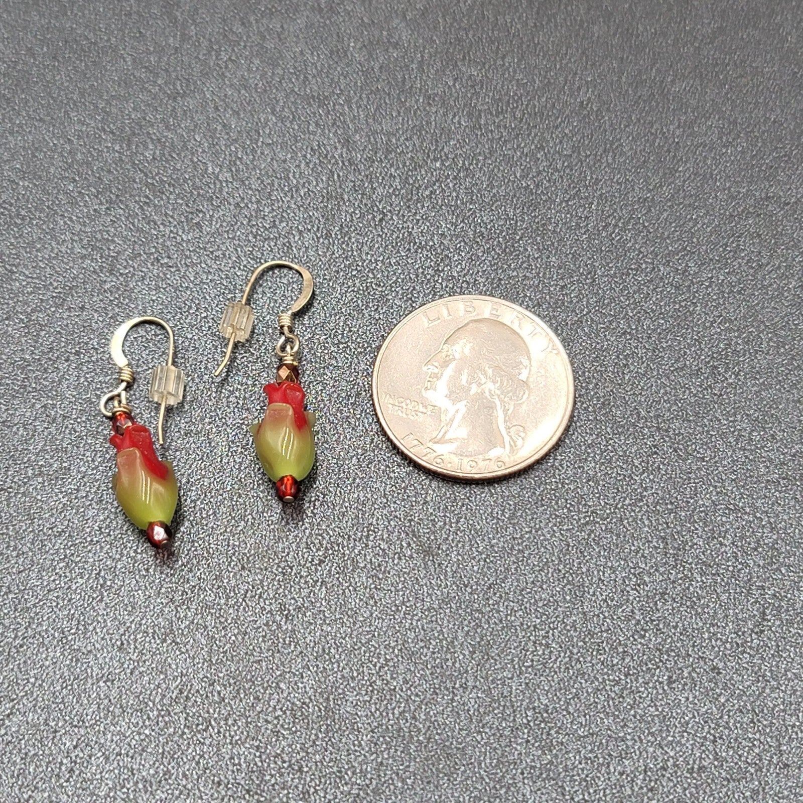 Sterling Silver Pierced Earrings Red Green Glass Tulip Flower Dangle 3/4" 925
