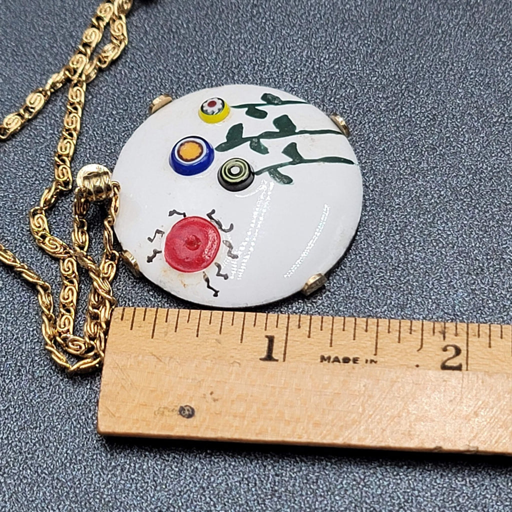 Vintage Enamel over Metal Flower Pendant Gold tone S Chain Necklace 15"