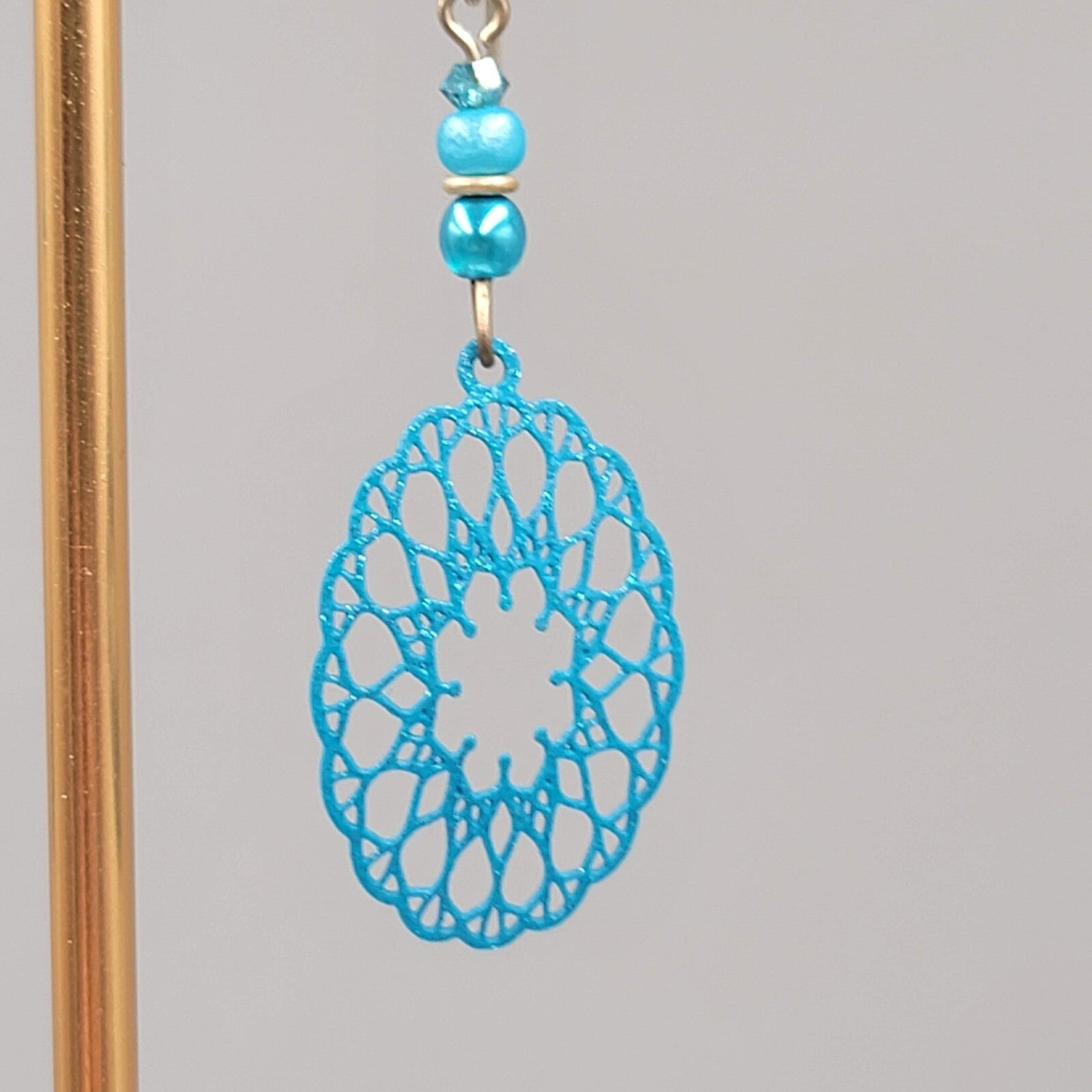Blue Laser Cut Metal Open Work Pierced Earrings Bead Silver tone Dangle 1.75"