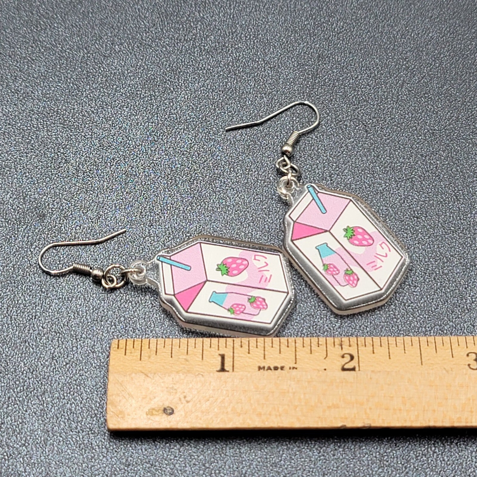 Strawberry Milk Pierced Earrings Acrylic Dangle Silver tone Hooks 1.5"
