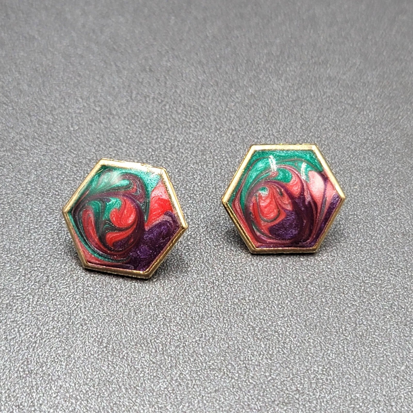 Vintage Pierced Earrings Gold Plated Swirl Enamel Hexagon Studs  3/4"