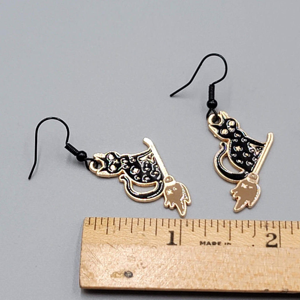 Black Cat Riding Broom Pierced Earrings Enamel Gold tone Dangle New 1"