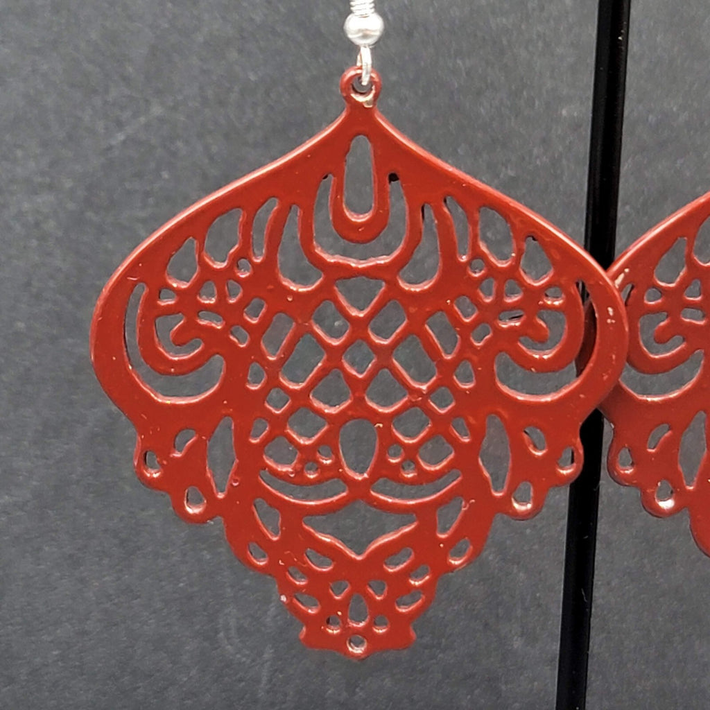Pierced Earrings Burgandy Red Enamel over Metal Open work 2"