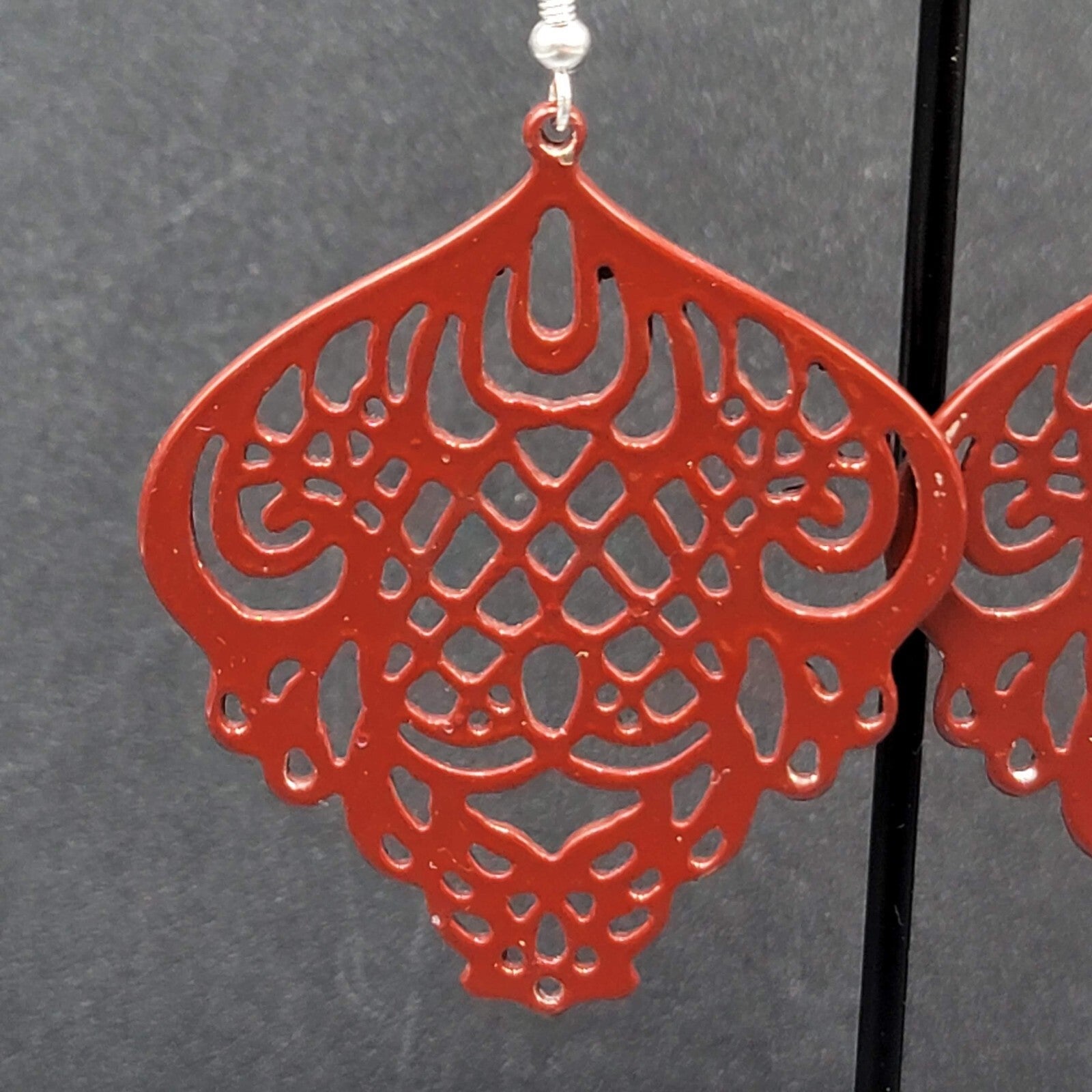 Pierced Earrings Burgandy Red Enamel over Metal Open work 2"