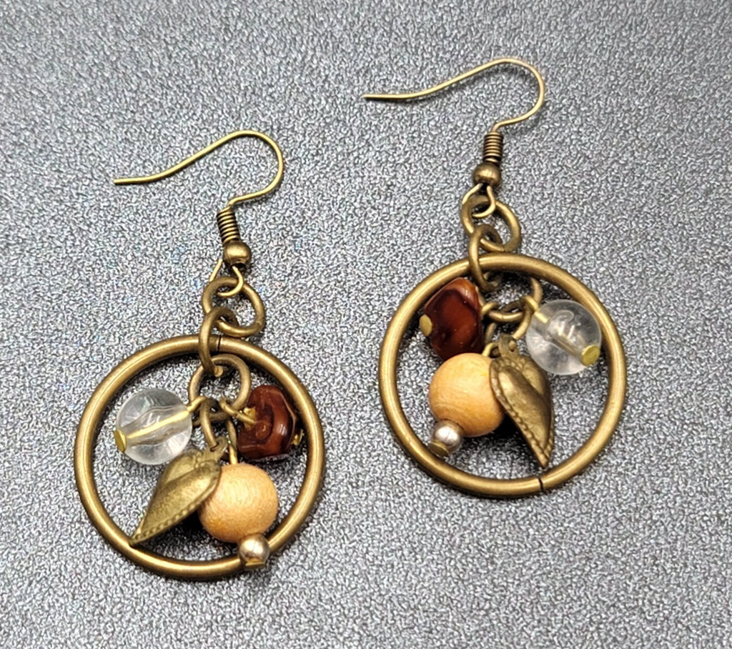 Pierced Earrings Bronze tone Heart Beaded Dangle 1"