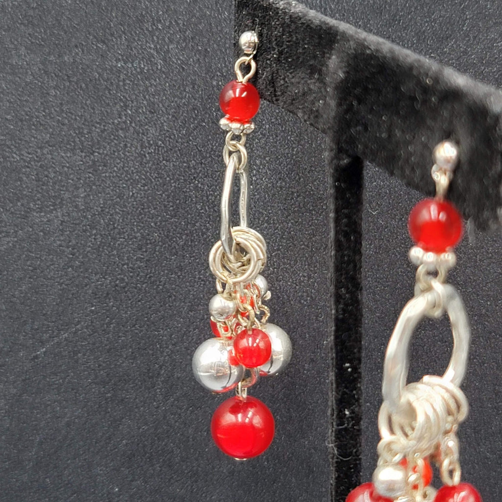 Pierced Earrings Silver tone Moonglow Red Beads Dangle 2.5"