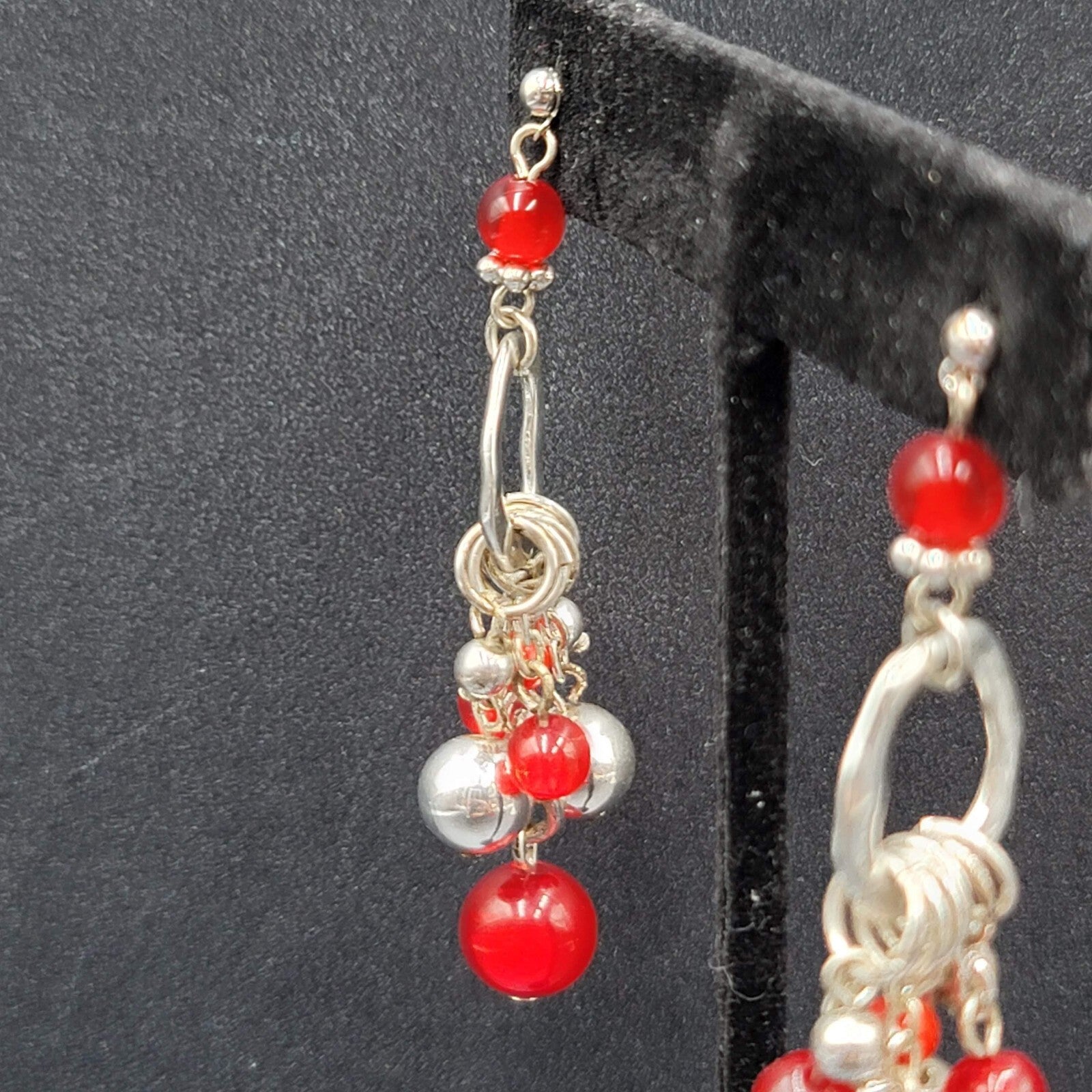 Pierced Earrings Silver tone Moonglow Red Beads Dangle 2.5"