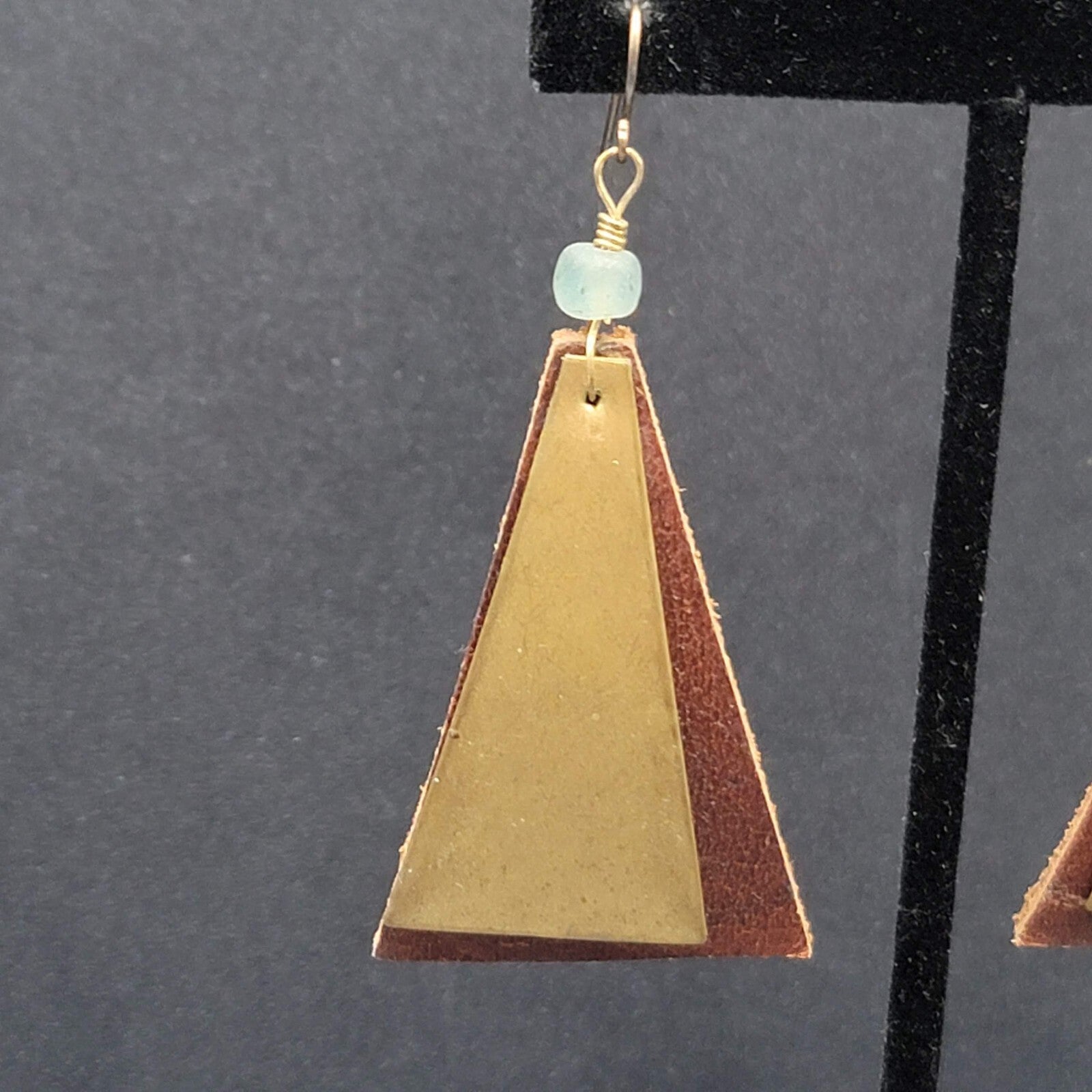 Vintage Artisan Pierced Earrings Leather And Brass Triangle Dangle  2.5"