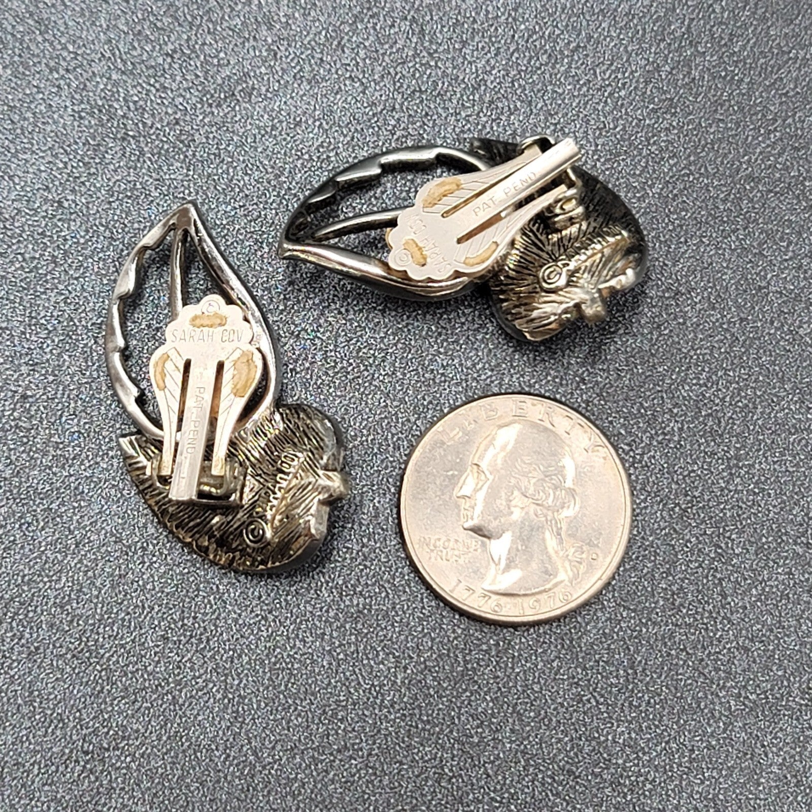 Vtg Sarah Cov Clip on Earrings Silver tone Leaves Climber Large Statement 1.5"