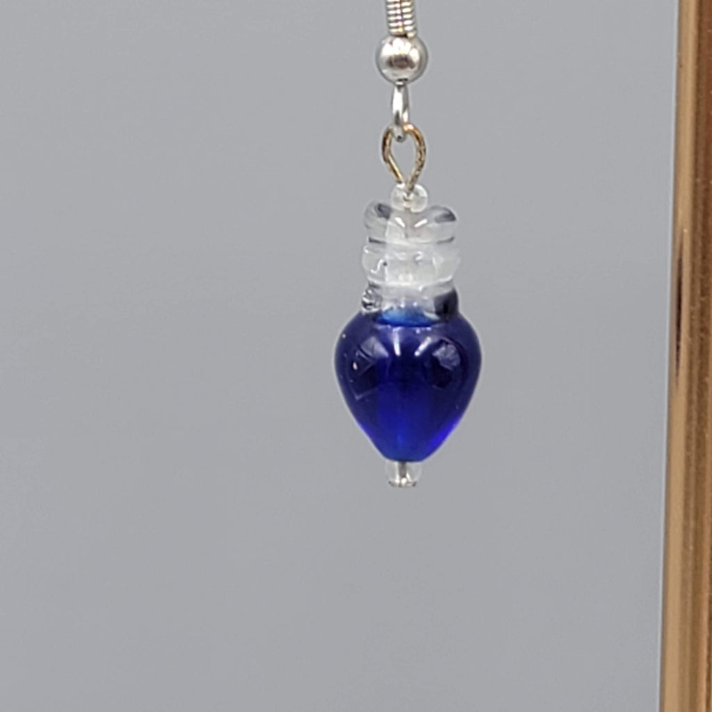 Blue Glass Bead Pierced Earrings Dangle Silver Tone