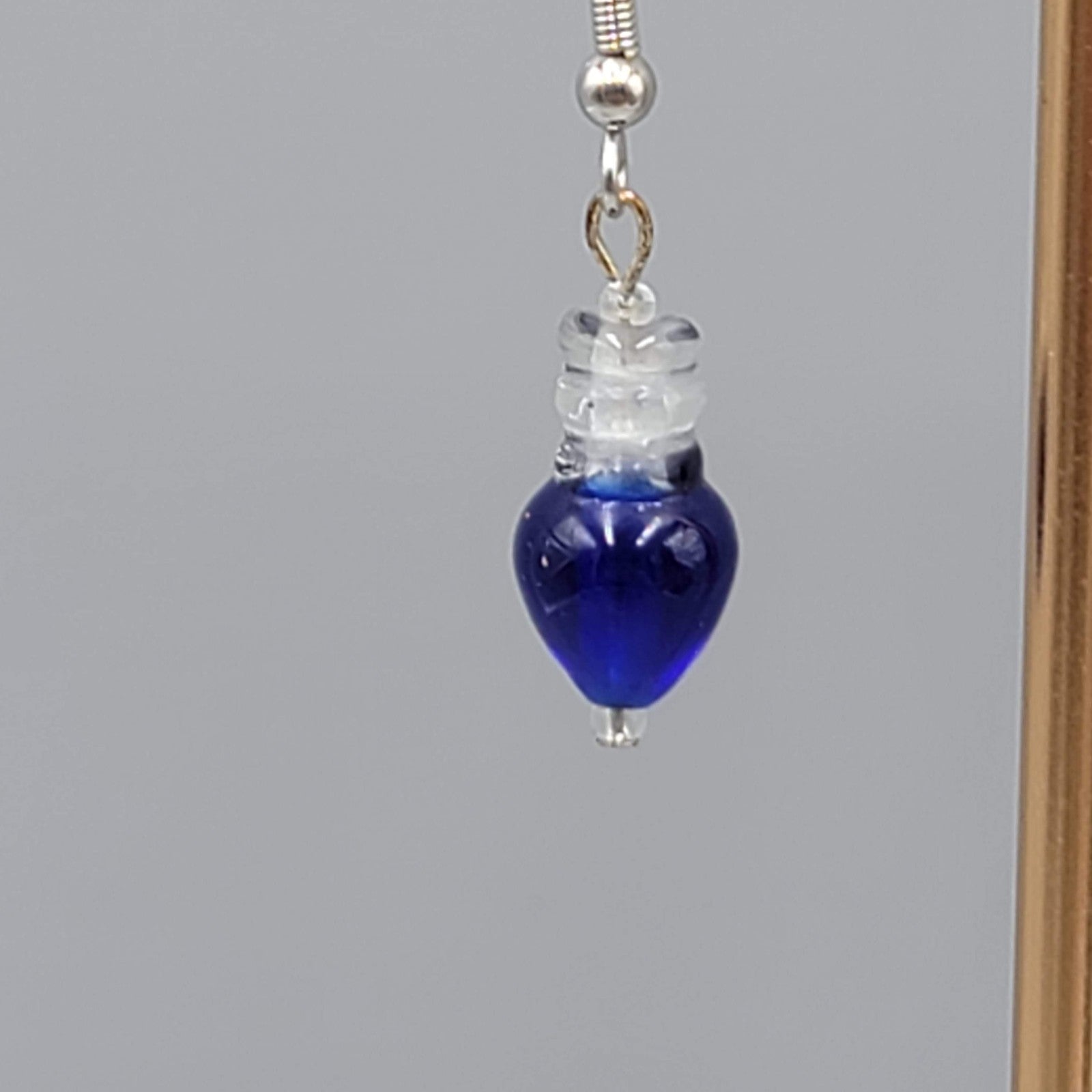 Blue Glass Bead Pierced Earrings Dangle Silver Tone