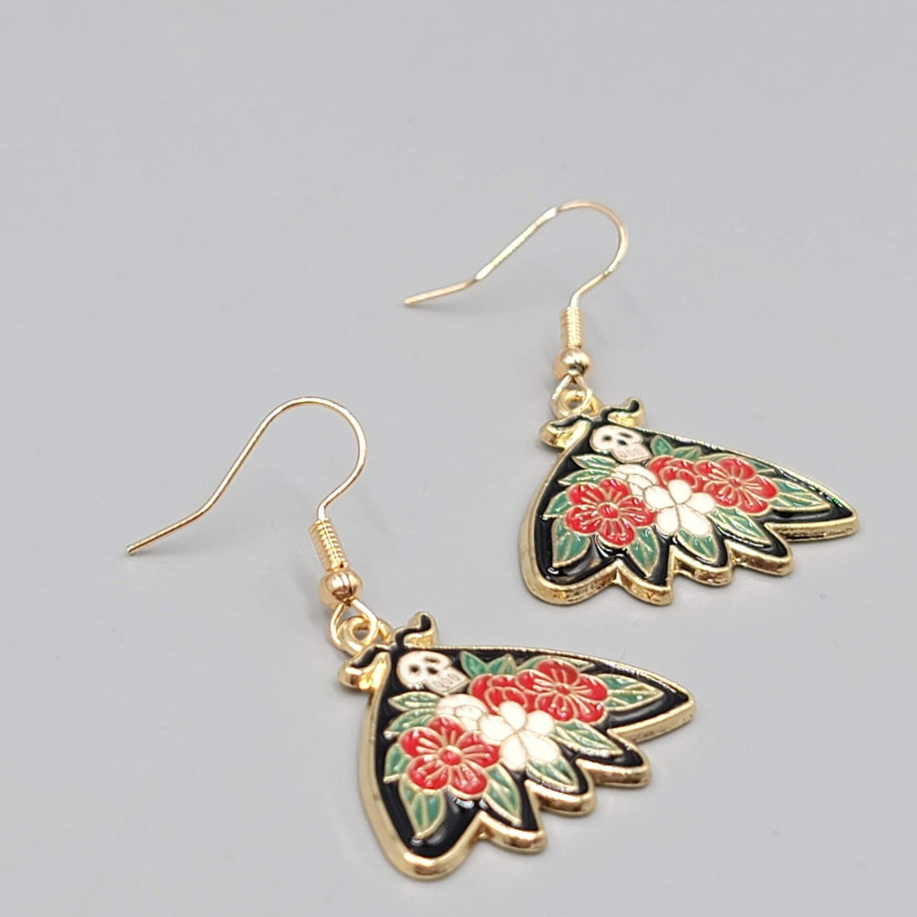Pierced Earrings Gold tone Enamel Red Rose Moth Dangle 1"